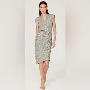 Veronica Beard Olive and White Striped Midi Dress with Ruched Front